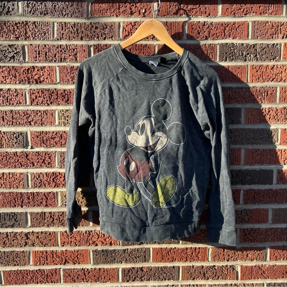 Disney Forever 21 Dark Charcoal Washed Mickey Mouse Graphic Pullover Sweatshirt